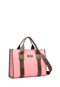 Borsa tote rosa con manici e dettagli marroni. Presenta un design strutturato e un logo sul davanti. Inclusa una tracolla staccabile.