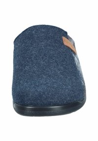 Navy wool slipper with a soft, textured upper and a black rubber sole; features a brown leather accent on the side.