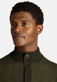 Mees, kes kannab tumeroheline tekstuurne kampsun kõrge soonilise kraega, millel on pruun nööp, vaadates veidi kõrvale.