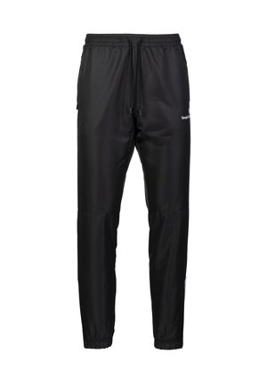 Schwarze Trainingshose mit leichtem, glattem Material. Sie verfügt über einen verstellbaren Kordelzugbund und elastische Bündchen. Logo-Detail an der Seite.