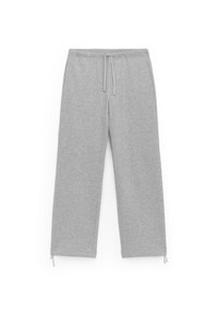 Gray sweatpants made from soft fabric, featuring an elastic waistband with drawstring, straight legs, and subtle ankle ties.
