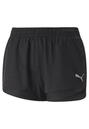 Black athletic shorts with a textured hem. Features an elastic waistband and a small silver logo on the lower left side.