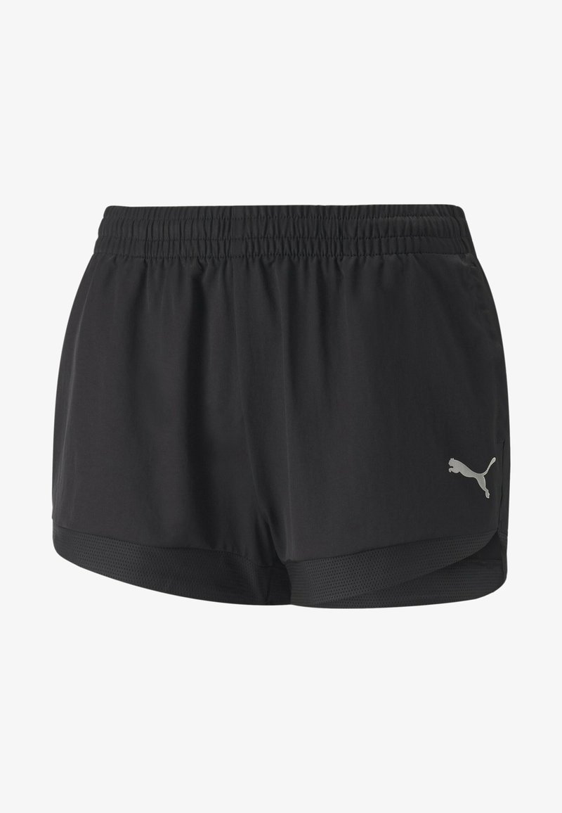 Černé sportovní šortky s texturovaným lemem. Mají elastický pas a malé stříbrné logo na dolní levé straně.