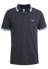 Mörkgrå Hugo Boss-piké med två svarta knappar, krage och ärmkanter i turkos och vit randig design samt broderad logotyp på bröstet.