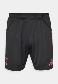 Czarne szorty sportowe z różowymi akcentami, elastycznym pasem, kieszeniami po bokach i logo Adidas. Wykonane z lekkiego, gładkiego materiału.