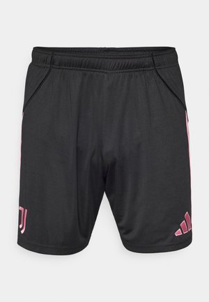 Svarta sportiga shorts med rosa detaljer, elastiskt midjeband, sidofickor och Adidas-logotyp. Tillverkade av lätt, slätt tyg.