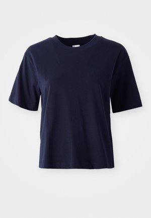 T-shirt en coton bleu marine avec des manches courtes, col rond, coupe décontractée et texture lisse. Pas de motifs ni d'accents visibles.