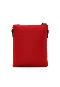 Red nylon pouch with a smooth texture, square shape, zipper closure at the top, and black hardware accents on the sides.
