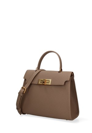 Borsa a mano in pelle taupe con manico superiore, tracolla regolabile e chiusura a scatto rettangolare in tono oro sulla pattina anteriore.