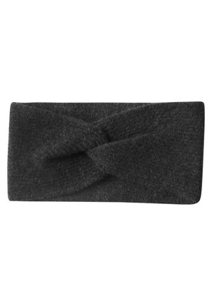 Bandeau en tissu tricoté gris foncé avec un nœud torsadé au centre, adapté au port par temps froid.