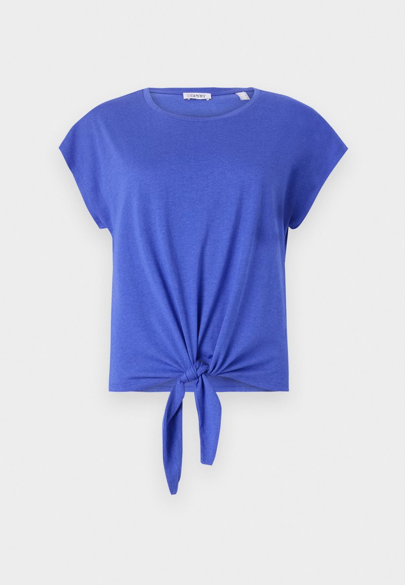 Blaues T-Shirt aus weichem Stoff, mit kurzen Ärmeln, Rundhalsausschnitt und einem geknoteten Vorderteil in lockerem, fließendem Design.