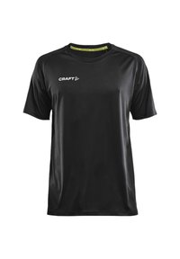 Camiseta atlética negra de manga corta, hecha de un tejido suave y ligero, con un cuello redondo y un logo blanco de "CRAFT" en la parte delantera.
