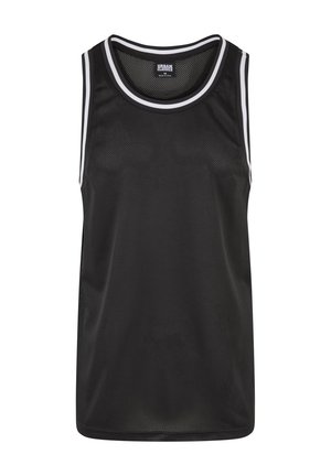 Black mesh athletic tank top with white trim along the neckline and armholes. Lightweight fabric, sleeveless design, and loose fit.