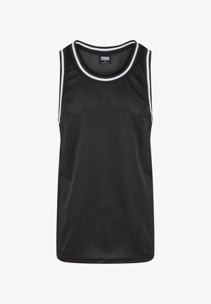 Débardeur de sport en mesh noir avec des bordures blanches le long du col et des emmanchures. Tissu léger, sans manches, et coupe ample.