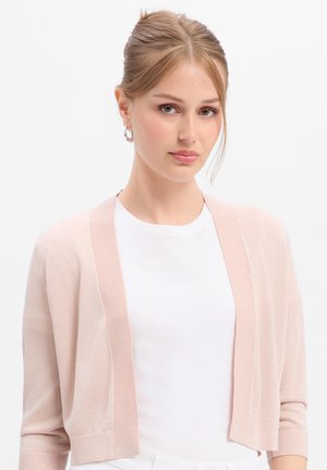 Jonge vrouw met lichtbruin haar in een knot, draagt creolen, een wit overhemd en een lichtroze vest tegen een witte achtergrond.
