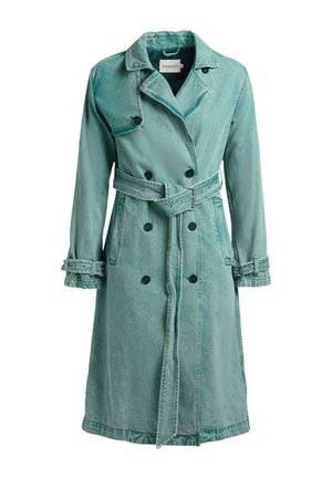 Lange groene denim trenchcoat met dubbele knopenrij, een tailleceintuur, manchetten en een brede reverskraag.