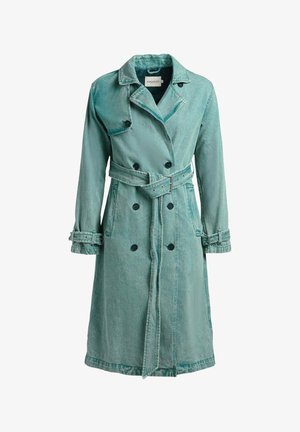 Lange groene denim trenchcoat met dubbele knopenrij, een tailleceintuur, manchetten en een brede reverskraag.