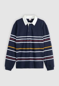 Polo de manga larga en color azul marino con un cuello blanco, adornado con rayas horizontales en rojo, amarillo y blanco a lo largo del cuerpo.