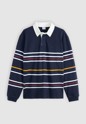 Polo de manga longa azul-marinho com colarinho branco, apresentando riscas horizontais em vermelho, amarelo e branco na parte frontal.