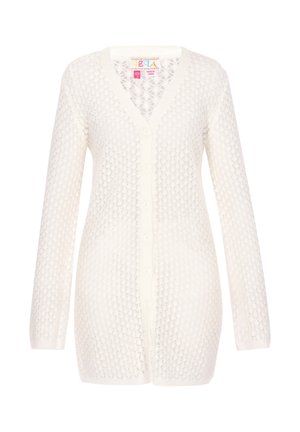 Fehér, hosszú ujjú kötött kardigán V-nyakkivágással, gombos záródással és finom, áttört mintával az egész felületen.