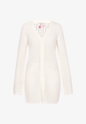 Fehér, hosszú ujjú kötött kardigán V-nyakkivágással, gombos záródással és finom, áttört mintával az egész felületen.