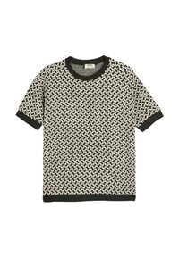 T-shirt z krótkim rękawem, dzianinowy, w kolorach czarnym i kremowym, z geometrycznym wzorem, z czarnym prążkowanym okrągłym dekoltem oraz mankietami na rękawach.