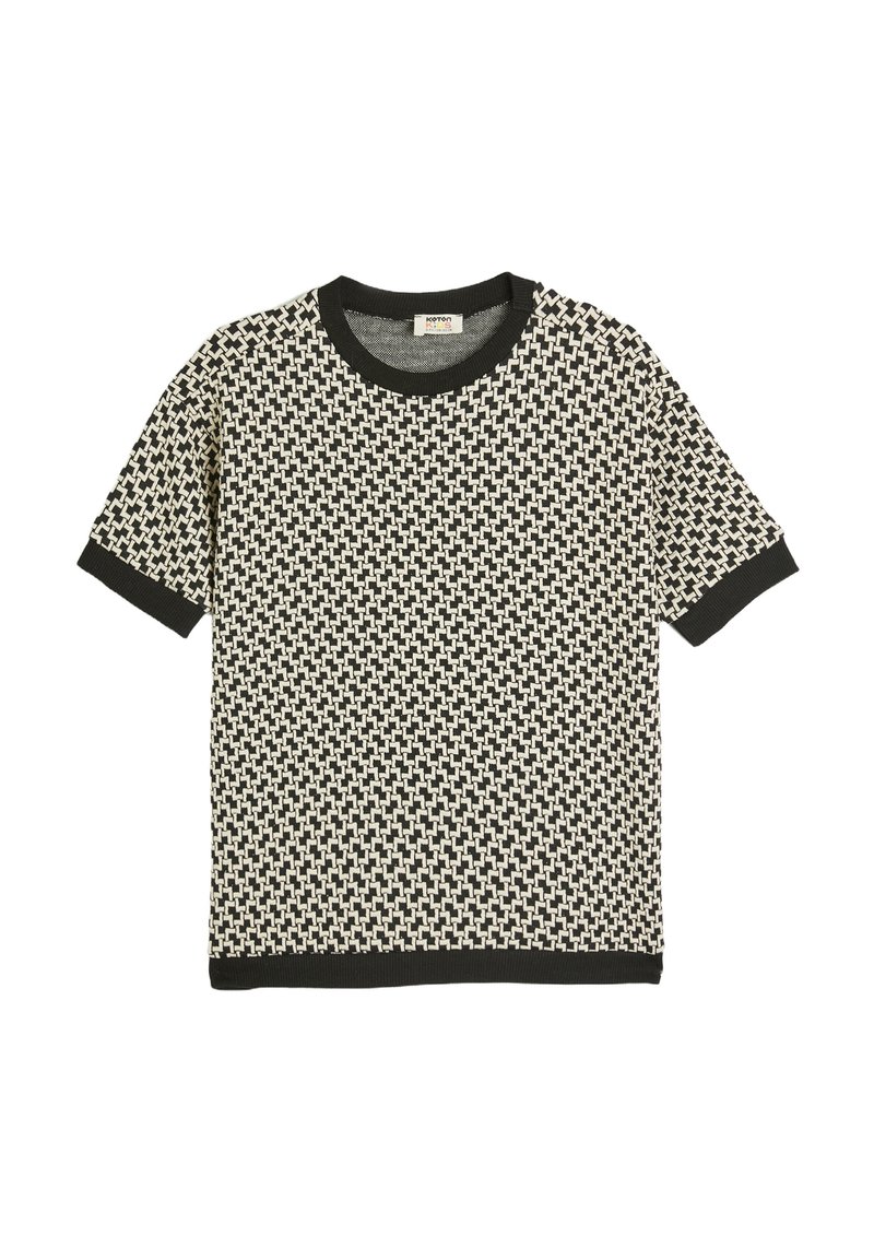 T-shirt z krótkim rękawem, dzianinowy, w kolorach czarnym i kremowym, z geometrycznym wzorem, z czarnym prążkowanym okrągłym dekoltem oraz mankietami na rękawach.