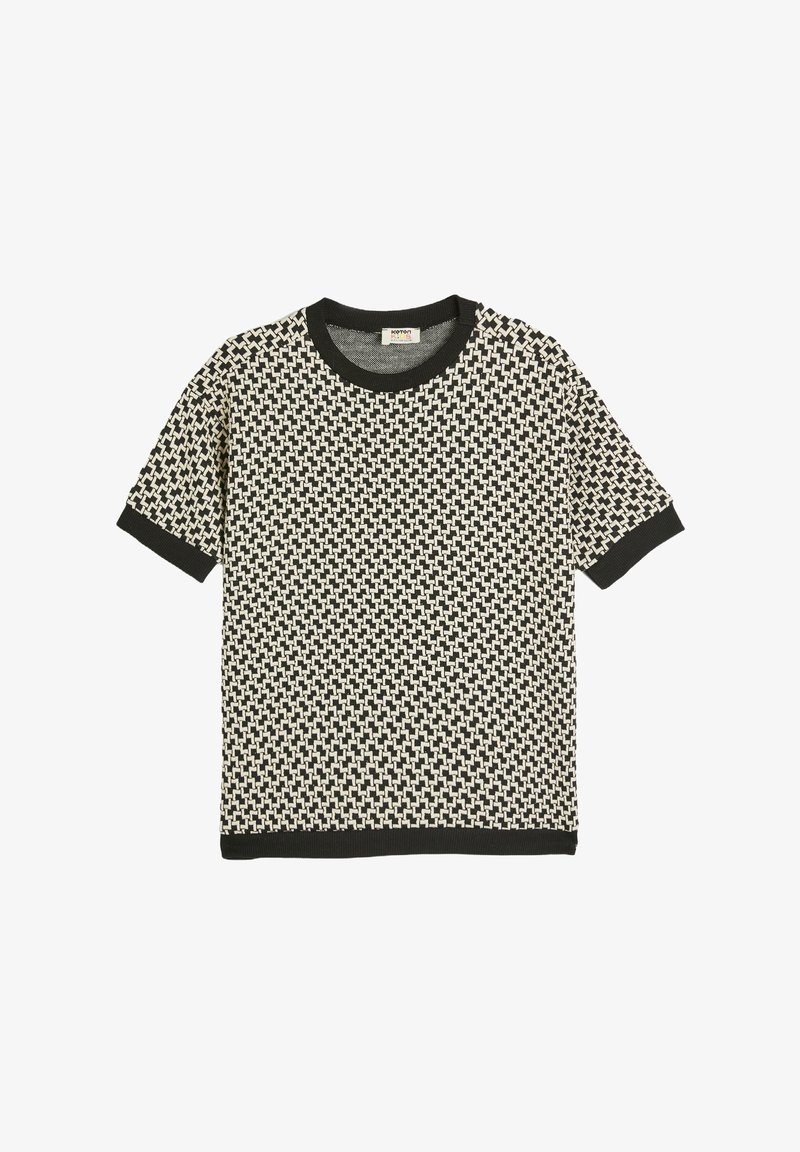 T-shirt z krótkim rękawem, dzianinowy, w kolorach czarnym i kremowym, z geometrycznym wzorem, z czarnym prążkowanym okrągłym dekoltem oraz mankietami na rękawach.
