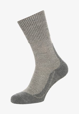 Calzino grigio con bordo a coste, tessuto texturizzato, punta e tallone rinforzati, e sottili variazioni di colore.