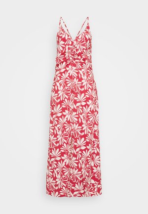 Rotes Maxikleid mit V-Ausschnitt, dünnen Trägern und tailliertem Oberteil. Verfügt über weiße Blumenmuster und ein schwingendes Rockdesign.