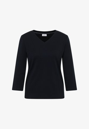 Sort kvindelig langærmet V-hals skjorte med lige kant og enkelt, glat stof.