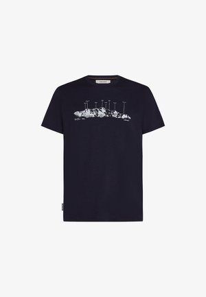 Navyblaue Baumwoll-T-Shirt mit einem weißen Berggrafik und Beschriftungen. Kurzärmlig und mit Rundhalsausschnitt. Weicher Stoff.