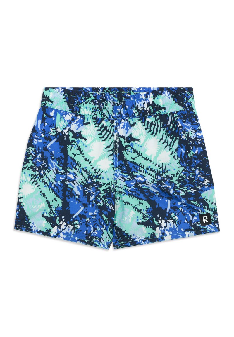 Short de bain pour enfants avec motif abstrait éclaboussé bleu, vert et blanc et taille élastique.