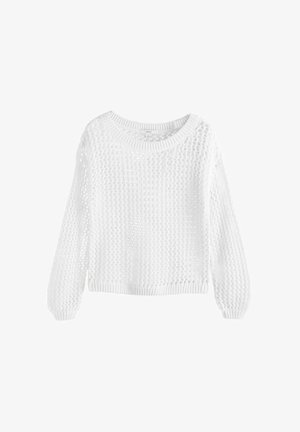 Balta adīta atvērtā aušanas gara piedurkņu džemperis ar ribu aprocēm, apakšu un apkakli, attēlots uz baltas virsmas.