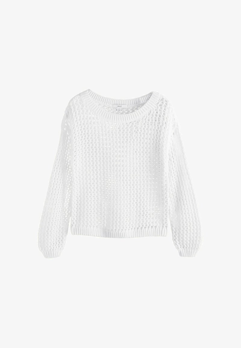 Pull blanc à manches longues en maille ajourée, tricoté, avec poignets, ourlet et encolure côtelés, présenté à plat sur un fond blanc.