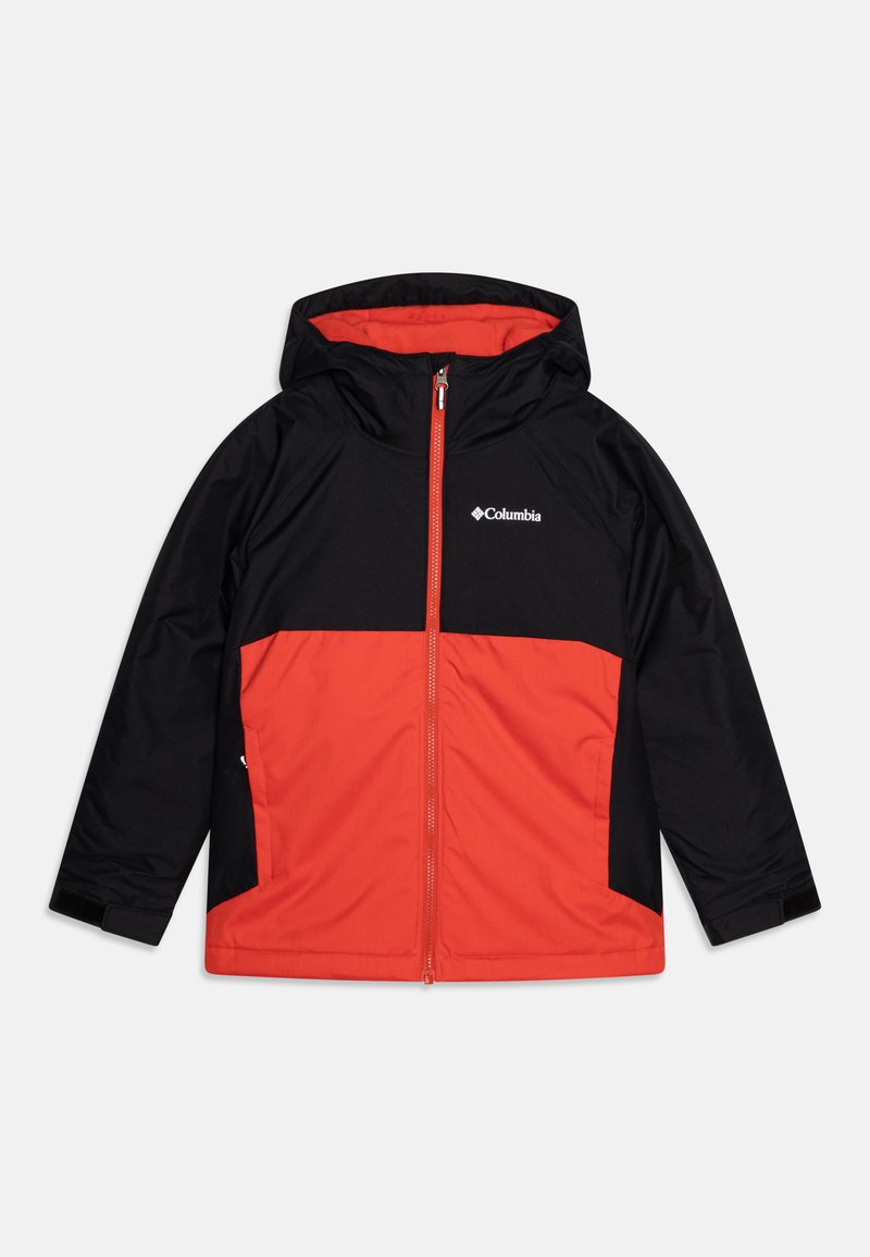 Czarna i pomarańczowa kurtka Columbia z kapturem, pełnym zamkiem z przodu i dwoma kieszeniami po bokach. Zawiera kontrastujące bloki kolorów oraz logo na piersi.