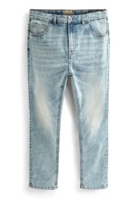Pantalones vaqueros azul claro de denim, con un diseño clásico de cinco bolsillos, zonas descoloridas y un corte recto. Dobladillo y cinturilla cosidos.