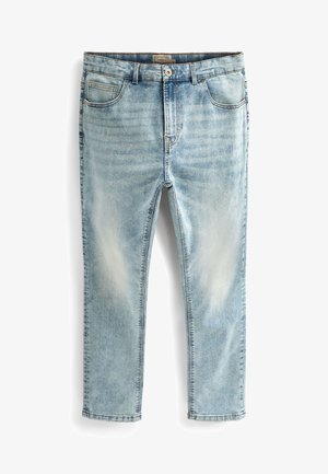 Pantalones vaqueros azul claro de denim, con un diseño clásico de cinco bolsillos, zonas descoloridas y un corte recto. Dobladillo y cinturilla cosidos.