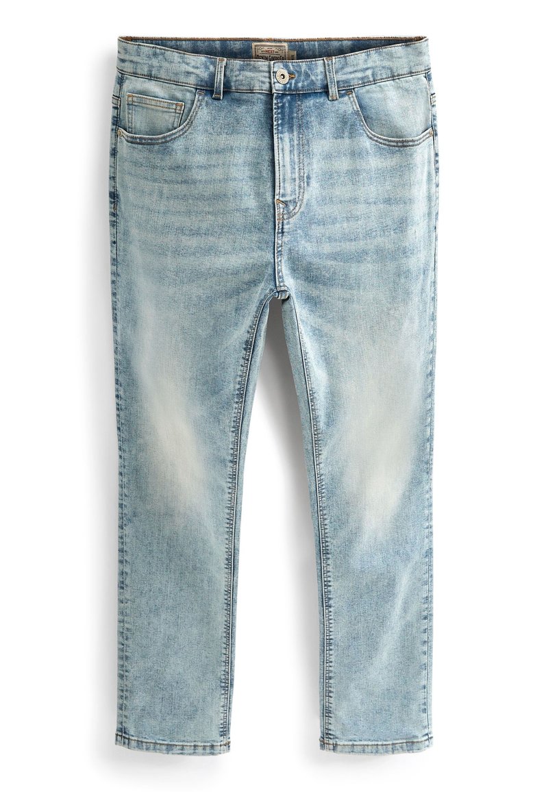 Pantalones vaqueros azul claro de denim, con un diseño clásico de cinco bolsillos, zonas descoloridas y un corte recto. Dobladillo y cinturilla cosidos.