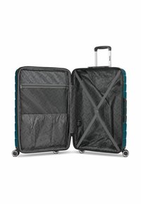 Türkise Hartschalenreisetasche mit strukturiertem Außenteil, zwei Innenfächern, einer Reißverschlusstasche und verstellbaren Querstangen. 4 Rollen zum Drehen.
