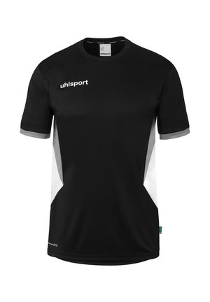 Zwart sportshirt met korte mouwen en witte en grijze zijpanelen, grijze mouwranden en het "uhlsport"-logo op de borst.