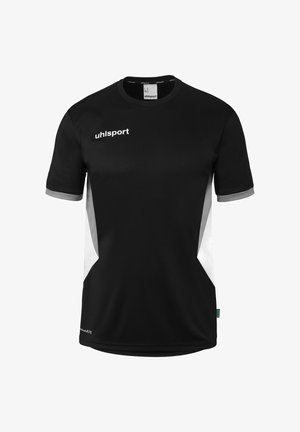 Zwart sportshirt met korte mouwen en witte en grijze zijpanelen, grijze mouwranden en het "uhlsport"-logo op de borst.