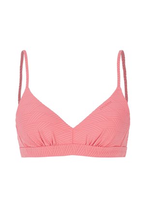 Vaaleanpunainen kolmio-rintaliivimalli, jossa on tekstuuri, säädettävät ohuet olkaimet ja kerrostettu elastinen alareuna turvalliseen istuvuuteen.