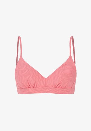 Rožinė trikampio formos liemenėlė su tekstūruotu raštu, reguliuojamomis plonomis petnešėlėmis ir susiraukšlėjusia elastine juosta, užtikrinančia tvirtą prigludimą.