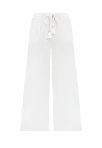 Pantaloni bianchi a gamba larga con vita elastica e cordoncino, dotati di dettagli con nappine, tasche frontali e tessuto leggero.