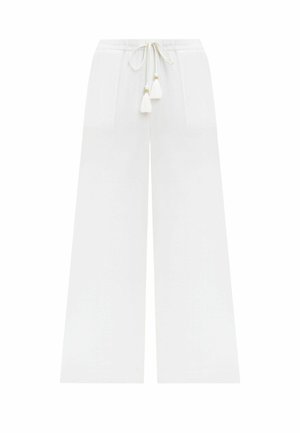 Pantaloni bianchi a gamba larga con vita elastica e cordoncino, dotati di dettagli con nappine, tasche frontali e tessuto leggero.