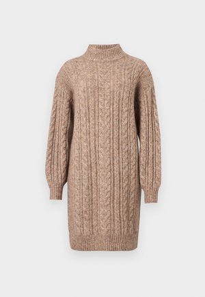 Bež pleteni džemper haljina, s visokom izrezom, dugim balon rukavima i rebrastim manžetama i donjim rubom. Mekana tekstura s složenim uzorkom.