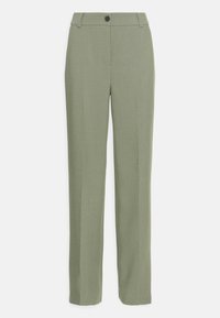 Pantaloni sartoriali in tessuto verde chiaro, con vita media, chiusura frontale con bottone e cuciture verticali per un design a gamba dritta.