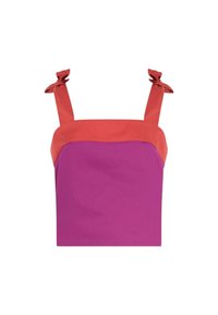 Top senza maniche con scollatura quadrata, caratterizzato da una parte superiore rossa e una parte inferiore viola. Spalline arricciate aggiungono un tocco di originalità al design.