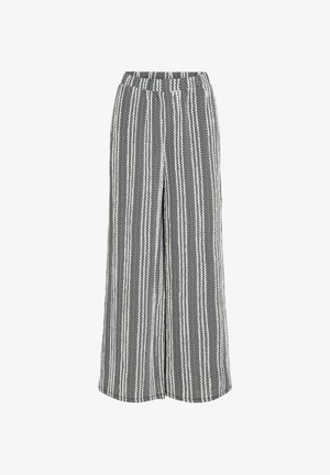 Plačios kojos kelnes su dryžuotu raštu, susidedančiu iš pakaitomis tamsiai pilkų ir baltų juostų. Minkšta medžiaga su elastinga juosmens juosta.